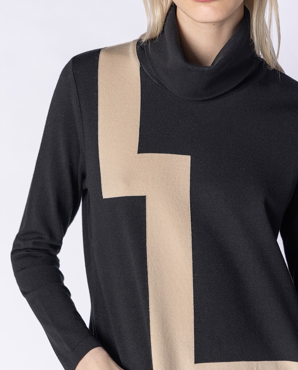 Vestido de Malha com Intársia Geométrica Preto-5
