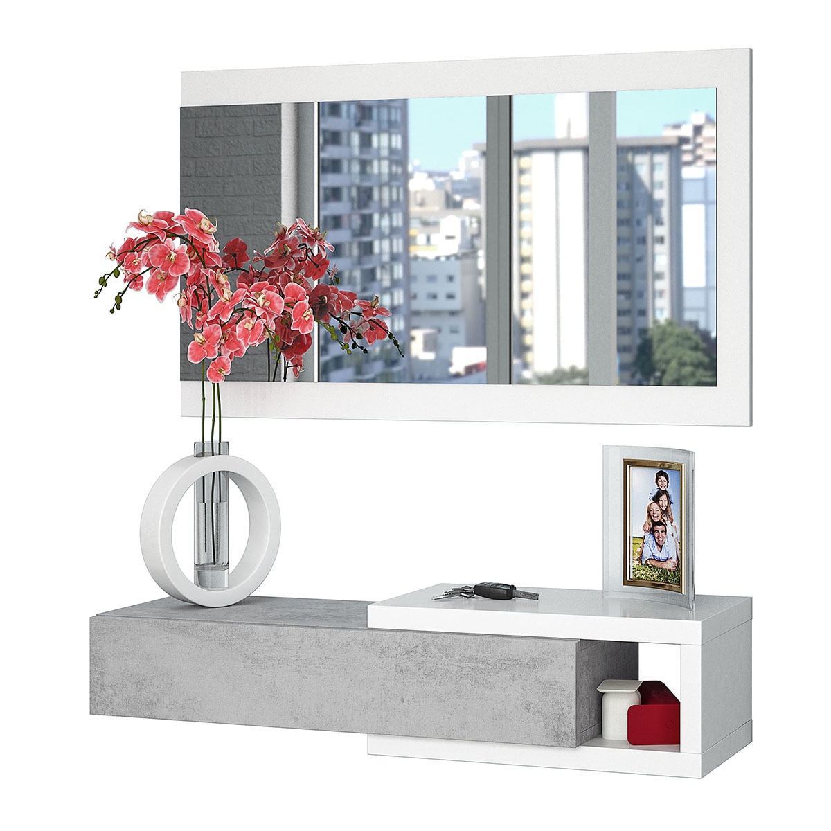 Móvel de Entrada Noon de 1 Prateleira + 1 Gaveta e Espelho Retangular Branco / Cinzento-1