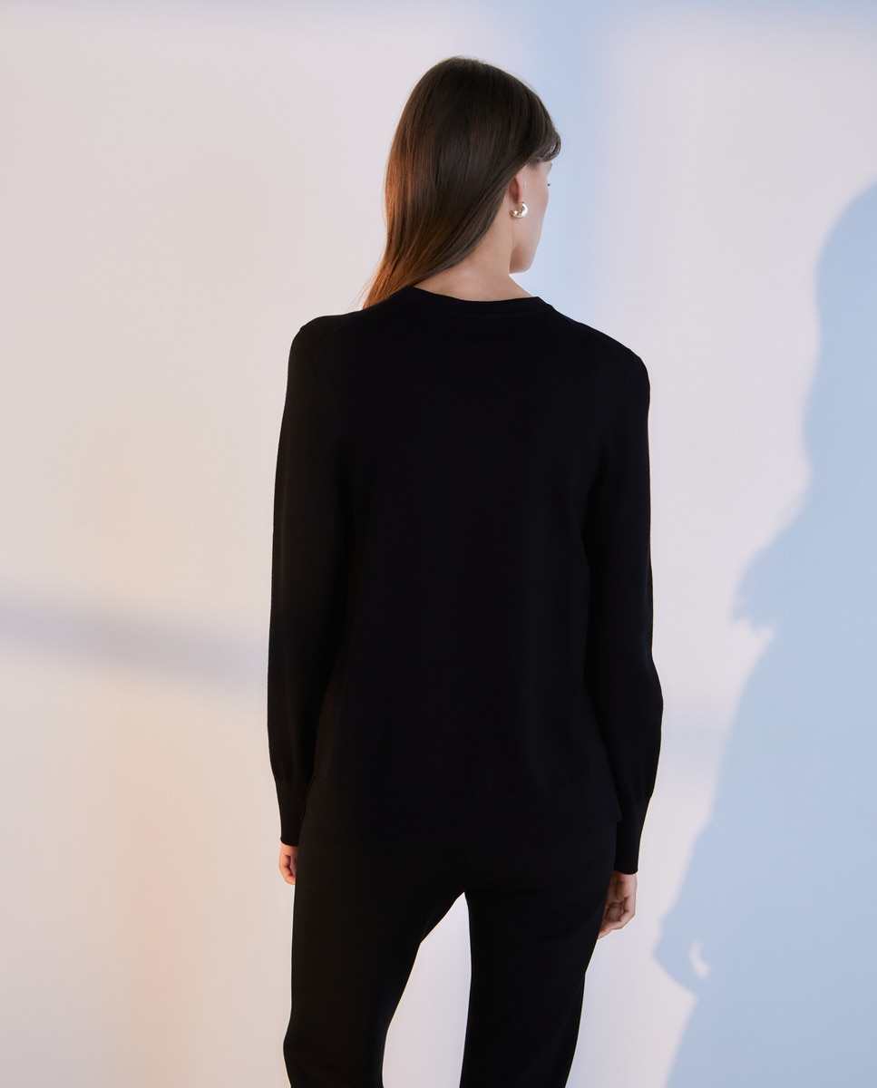 Camisola de Malha Lisa com Decote Redondo Preto-3