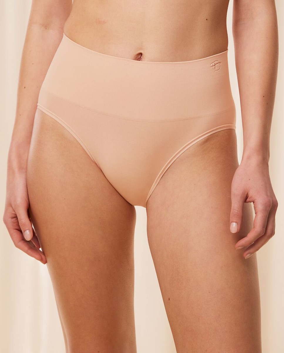 Cueca Adelgaçante Invisível com Cintura de Controlo Média sem Marcas Bege-1