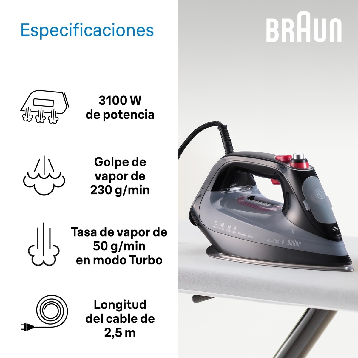 Plancha de vapor Braun TexStyle 9 con suela EloxalPlus Negro-2
