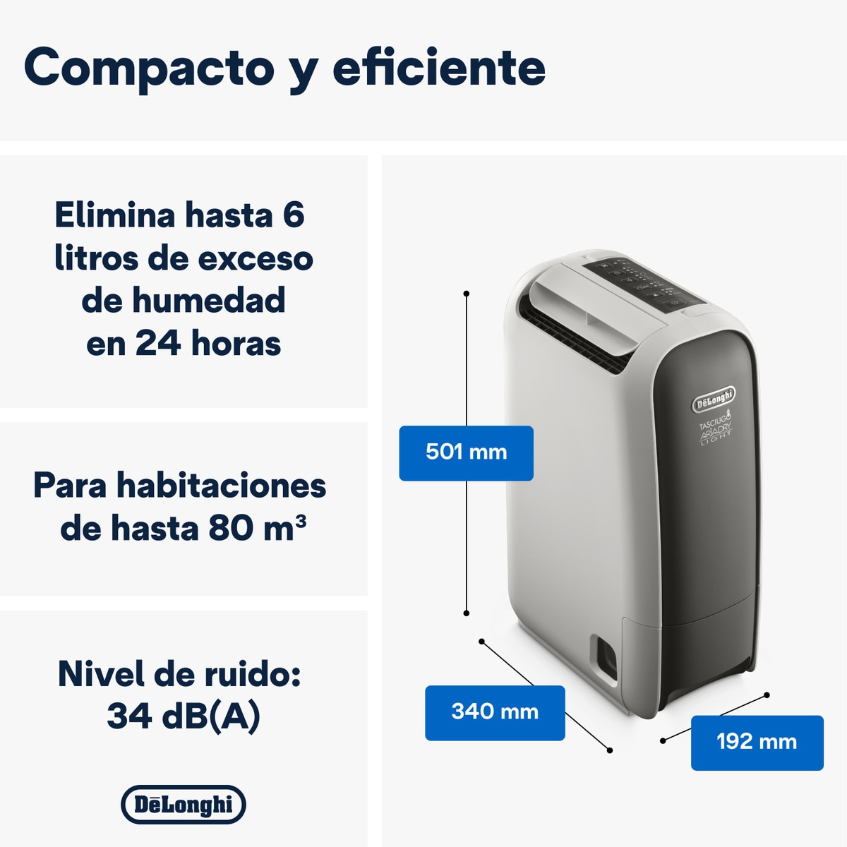 Deshumidificador De'Longhi Tasciugo AriaDry Light DNS65 silencioso bajo consumo Blanco / Gris-2