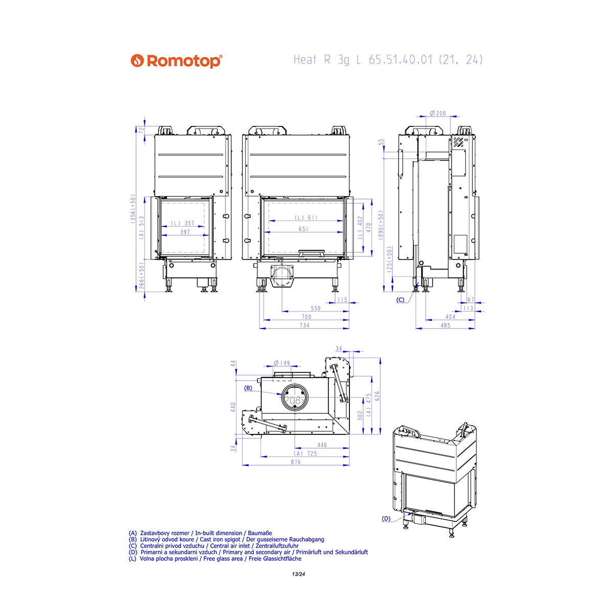 Chimenea Leña Heat E2G65/40 Esquinera Derecha Negro / Gris-8