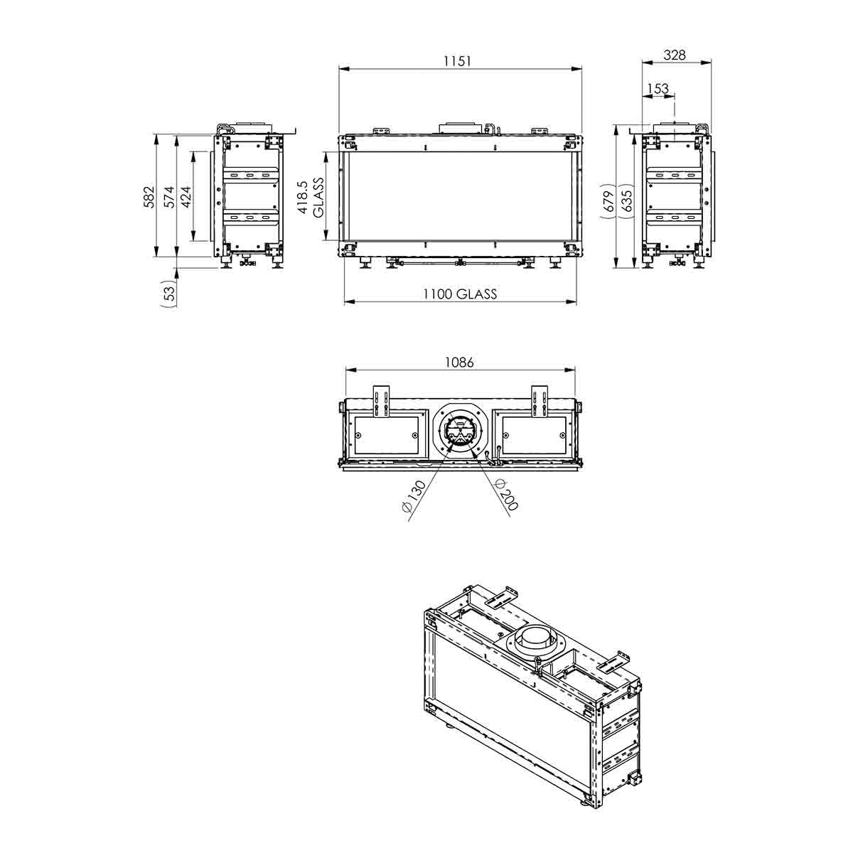 Chimenea Gas Natural Pano 1100 Frontal Negro-3