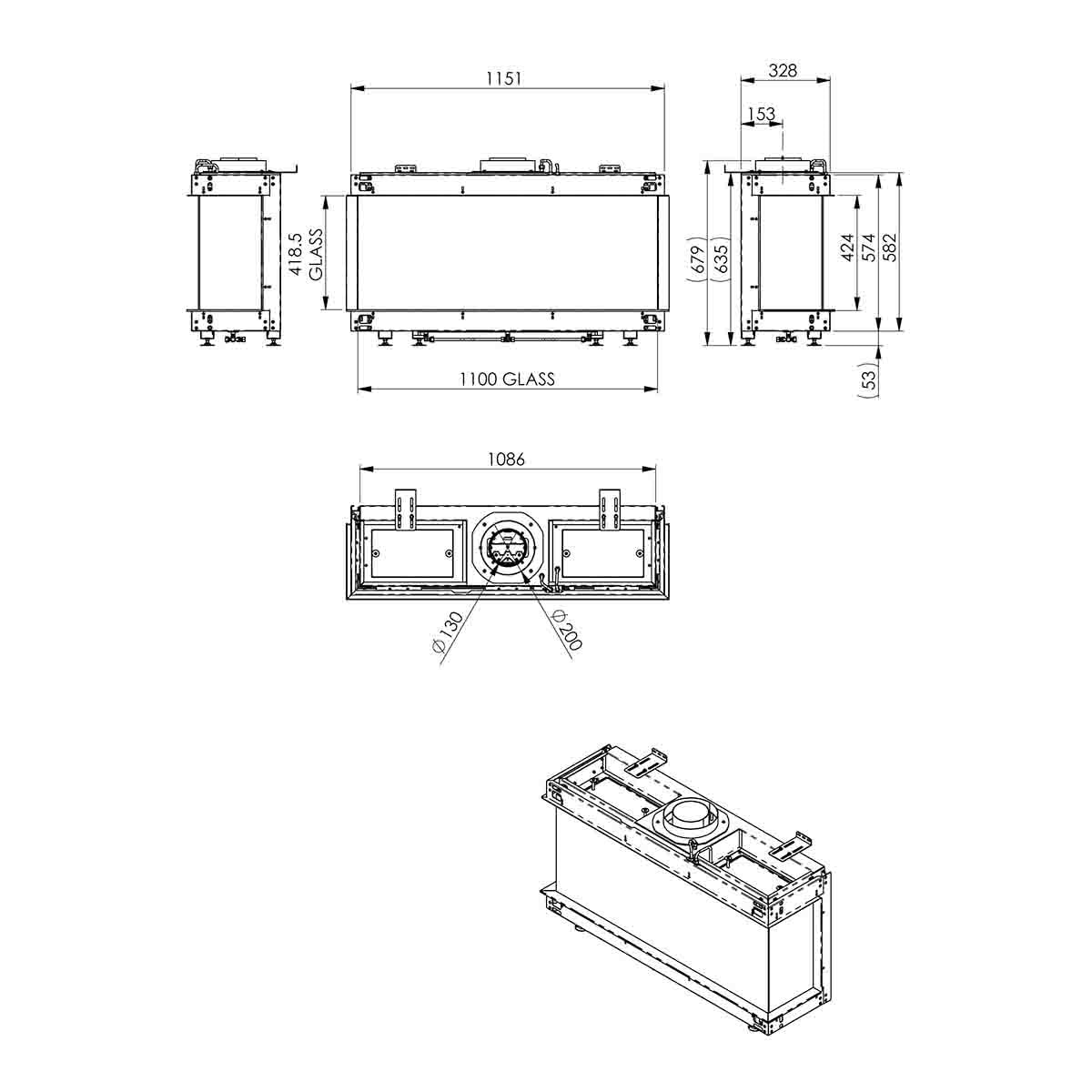 Chimenea Gas Natural Pano 1100 2 Esquinas Negro-3