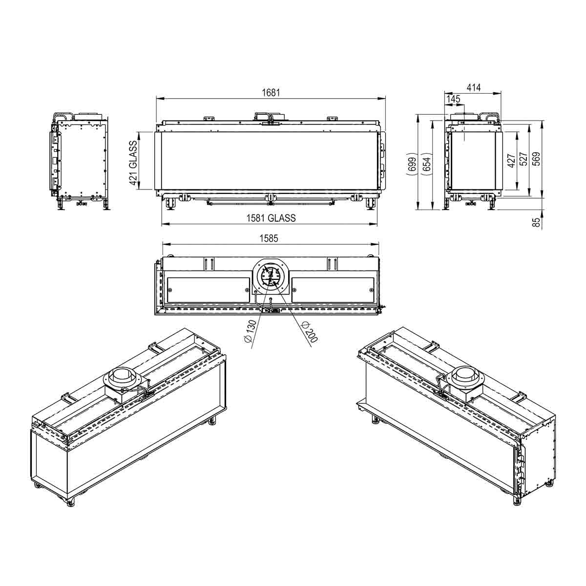 Chimenea Gas LPG Pano 1600 Esquinera Izquierda Negro-3