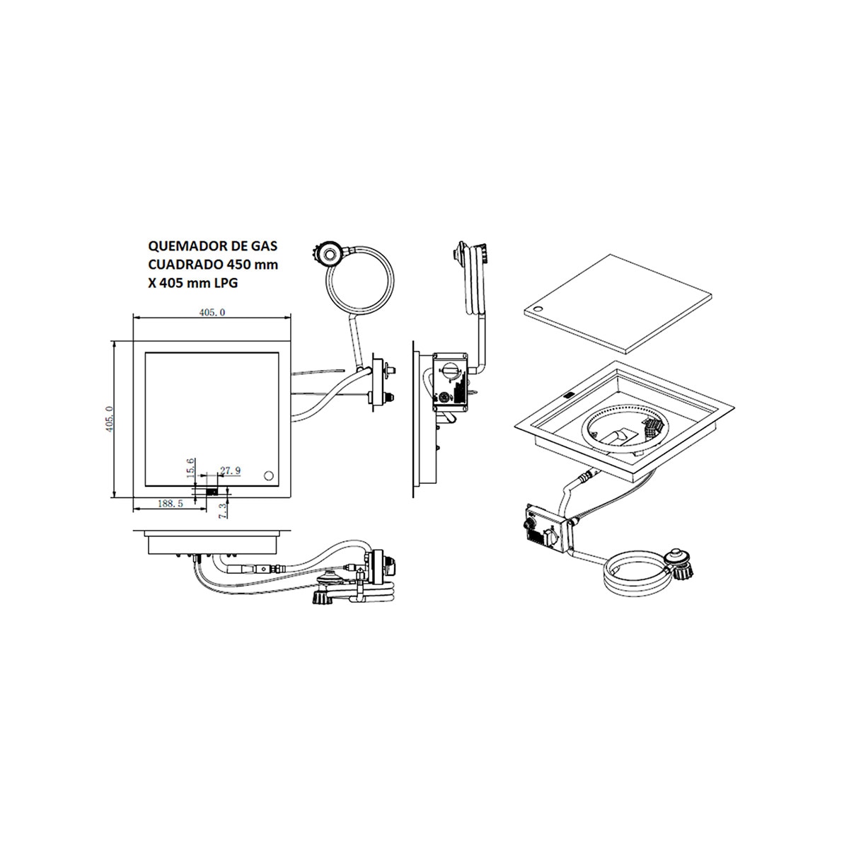 Quemador Exterior Gas Cuadrado Nora 405 x 405 LPG Plata-6