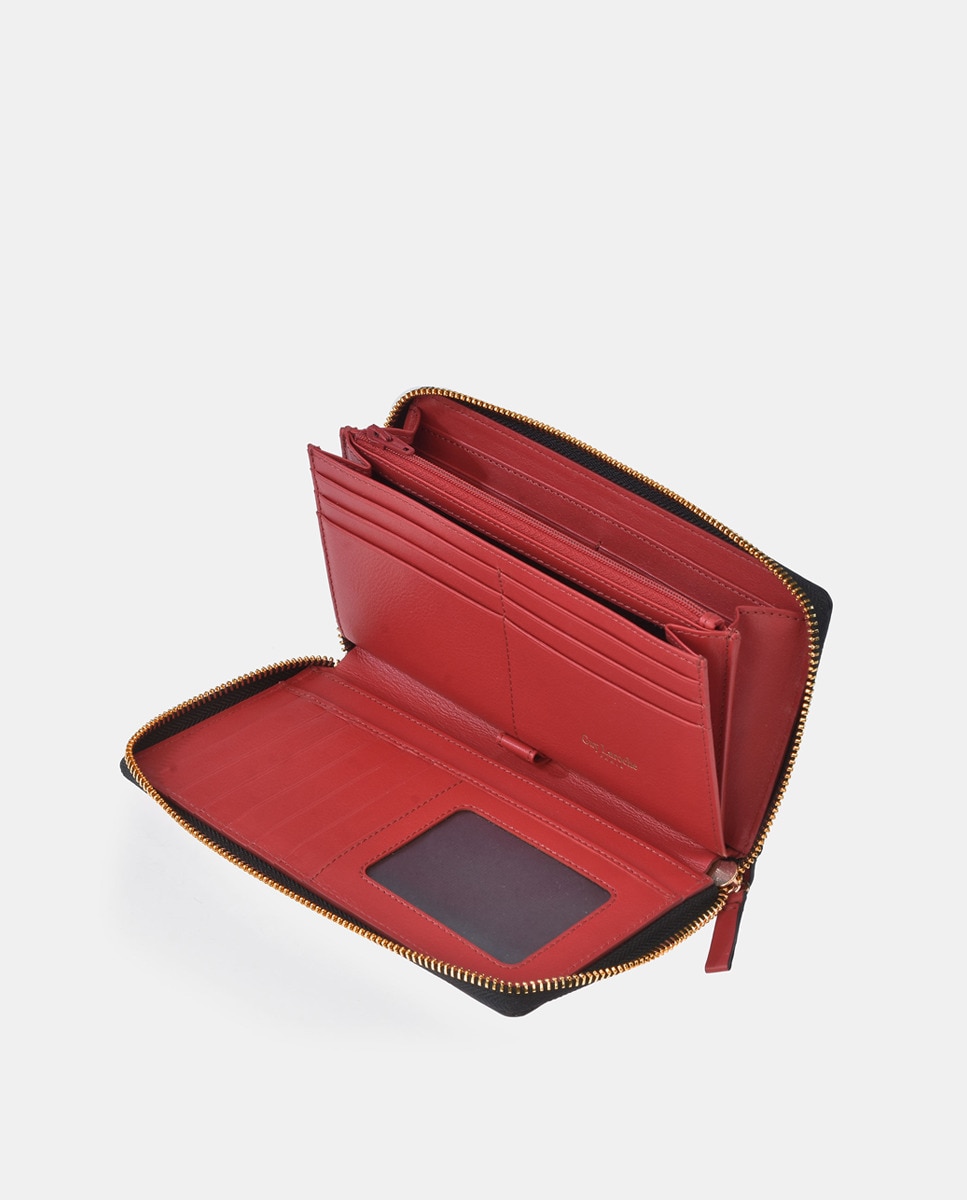 Porta-Moedas Grande em Pele com Secção para Notas e Fecho de Correr - Creme Vermelho-3
