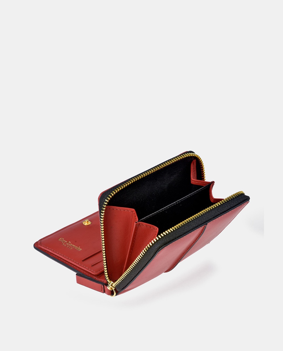 Porta-Moedas em Pele com Secção para Notas e Fecho de Correr - Creme Vermelho-5