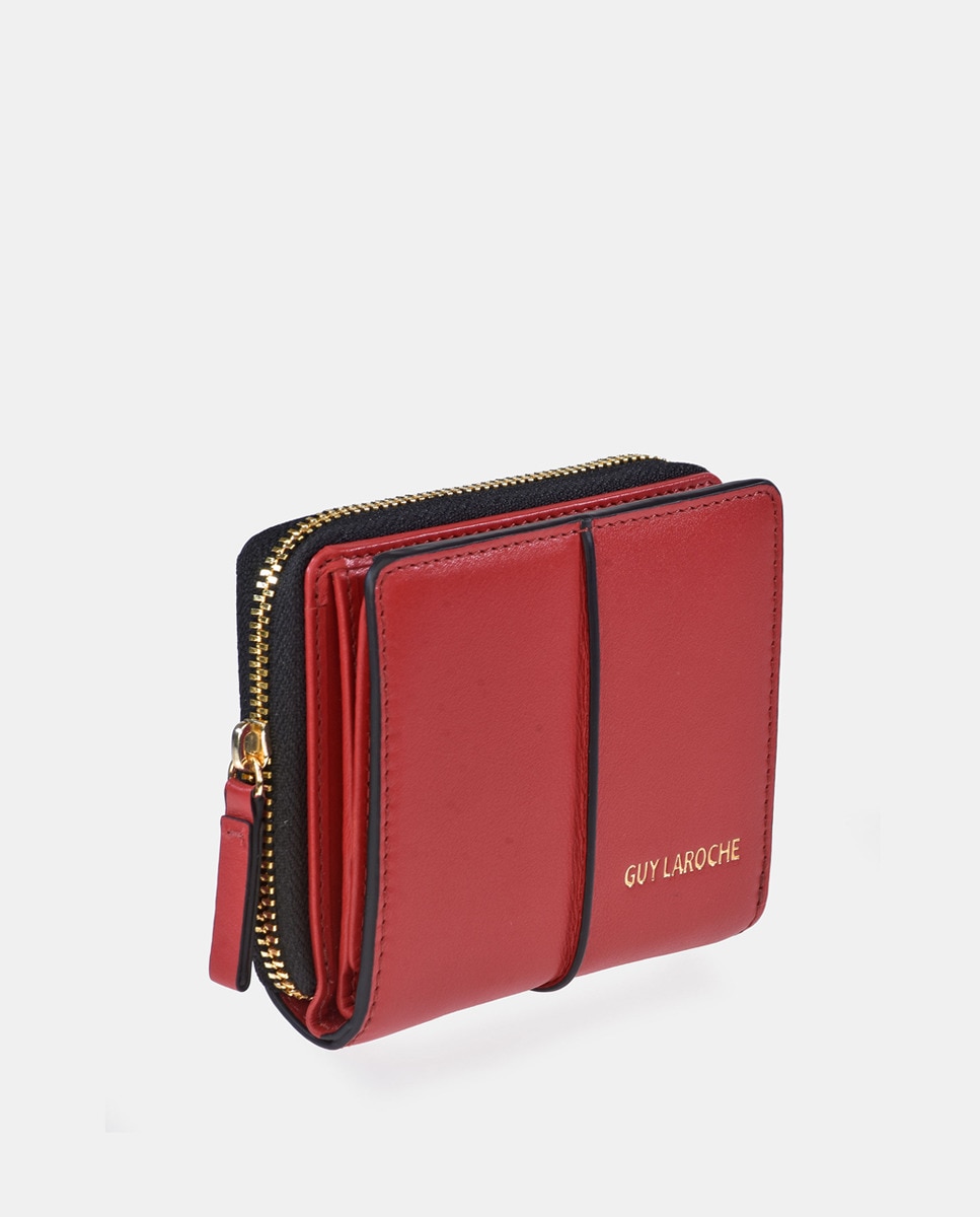 Porta-Moedas em Pele com Secção para Notas e Fecho de Correr - Creme Vermelho-2
