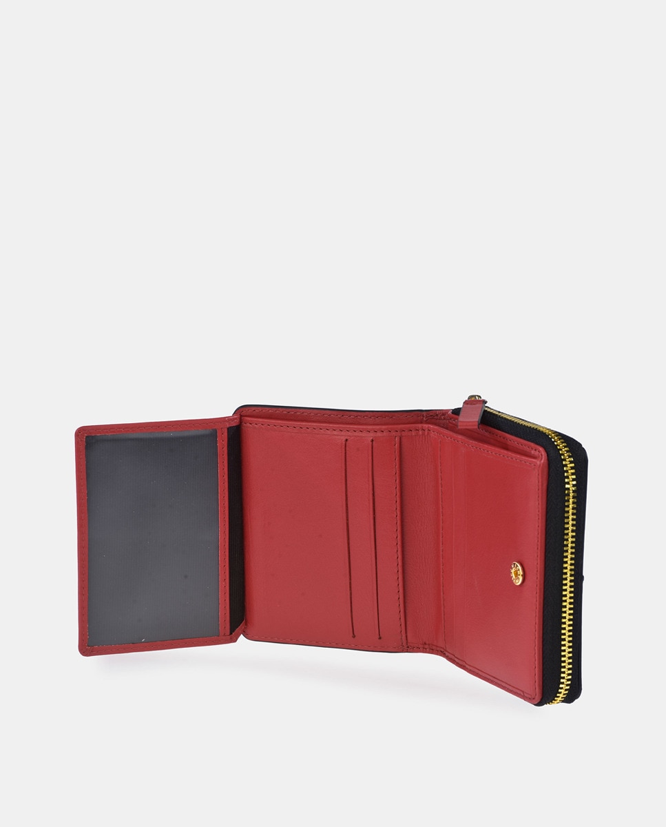 Porta-Moedas em Pele com Secção para Notas e Fecho de Correr - Creme Vermelho-3
