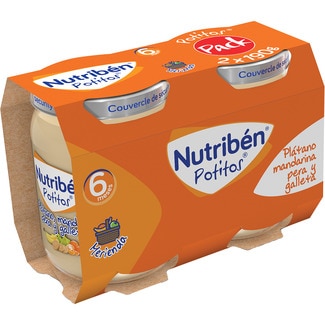 Potitos Merienda tarrito plátano, mandarina, pera y galleta  desde 6 meses pack 2 envases 190 g - Nutriben