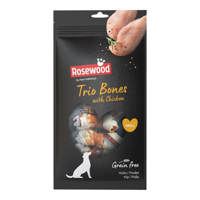 Imagen 0 de Snack para perros adultos minis y pequeños Rosewood trío huesos pollo 4 sticks