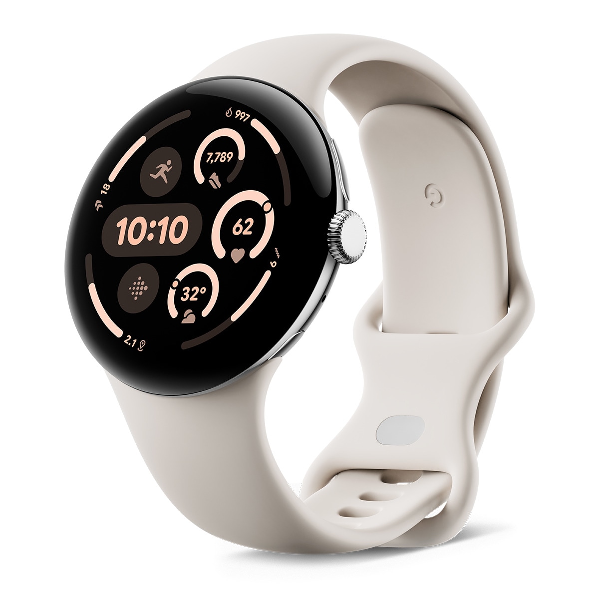 Google Pixel Watch 3 45mm, Caja de aluminio color plata pulida y correa deportiva color porcelana, Wi-Fi Smartwatch Plata / Blanco-3