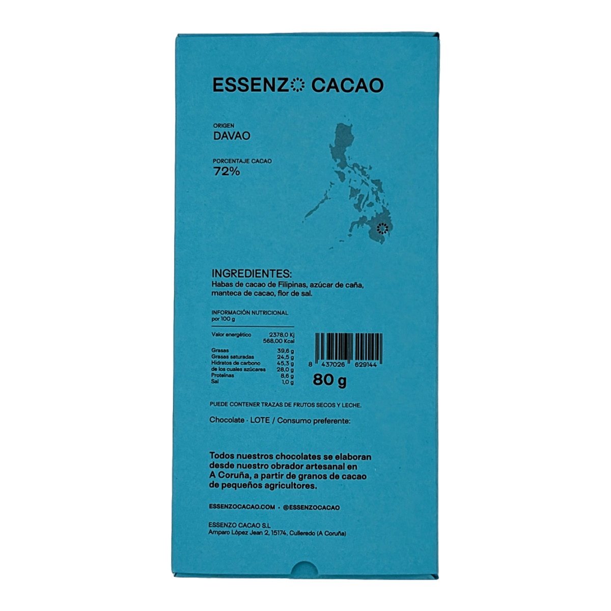 Tableta de chocolate Filipinas 72% Flor de Sal Essenzo Cacao 2