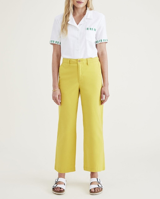 Imagen 0 de Pantalón chino de mujer con cintura alta pierna ancha y largo hasta el tobillo Tejido ligero de algodón y lino