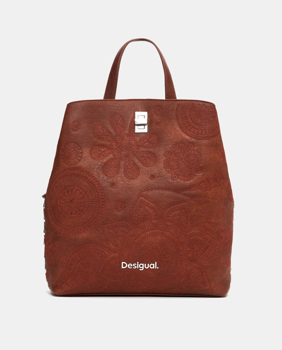 Mochila Pequena com Relevo Floral Camel-1