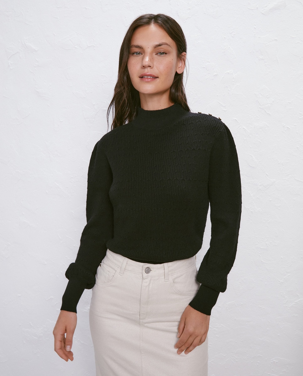 Camisola de Malha com Manga Comprida com Botões Preto-3