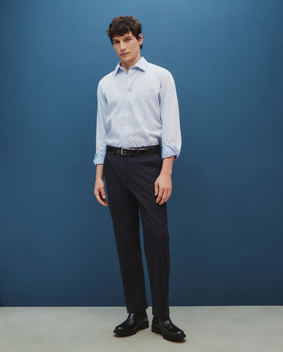 Camisa Formal com Padrão Espinha de Peixe Azul-2