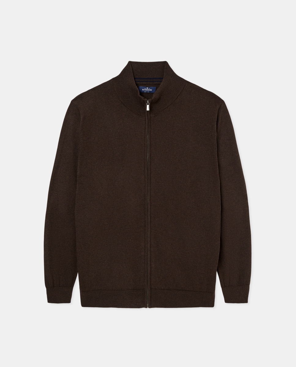 Cardigan de Algodão Tamanhos Grandes com Fecho de Correr Castanho-4