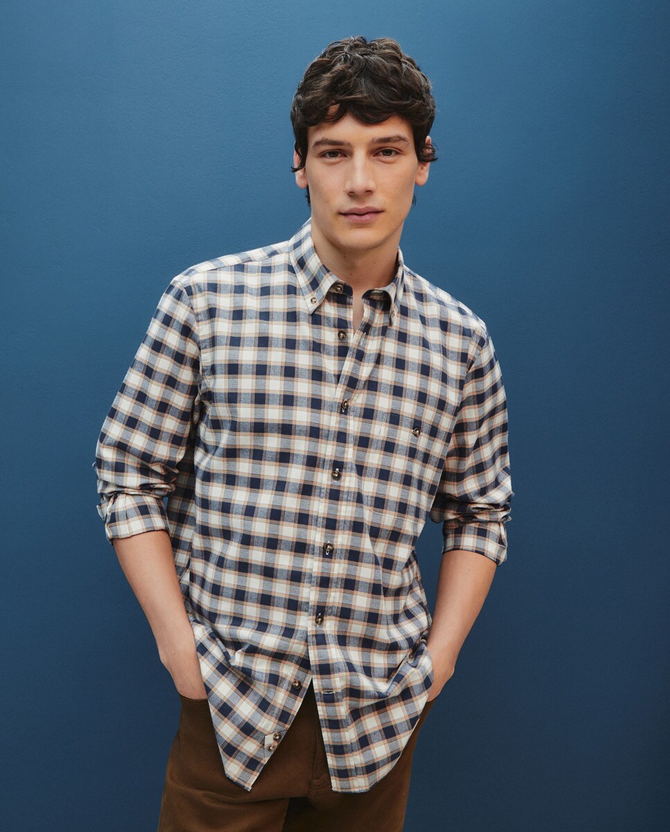 Camisa de Padrão Clássico e em Tecido Cardado Azul-2