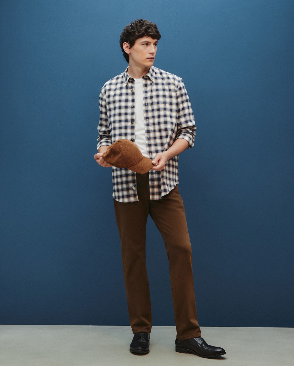 Camisa de Padrão Clássico e em Tecido Cardado Azul-1