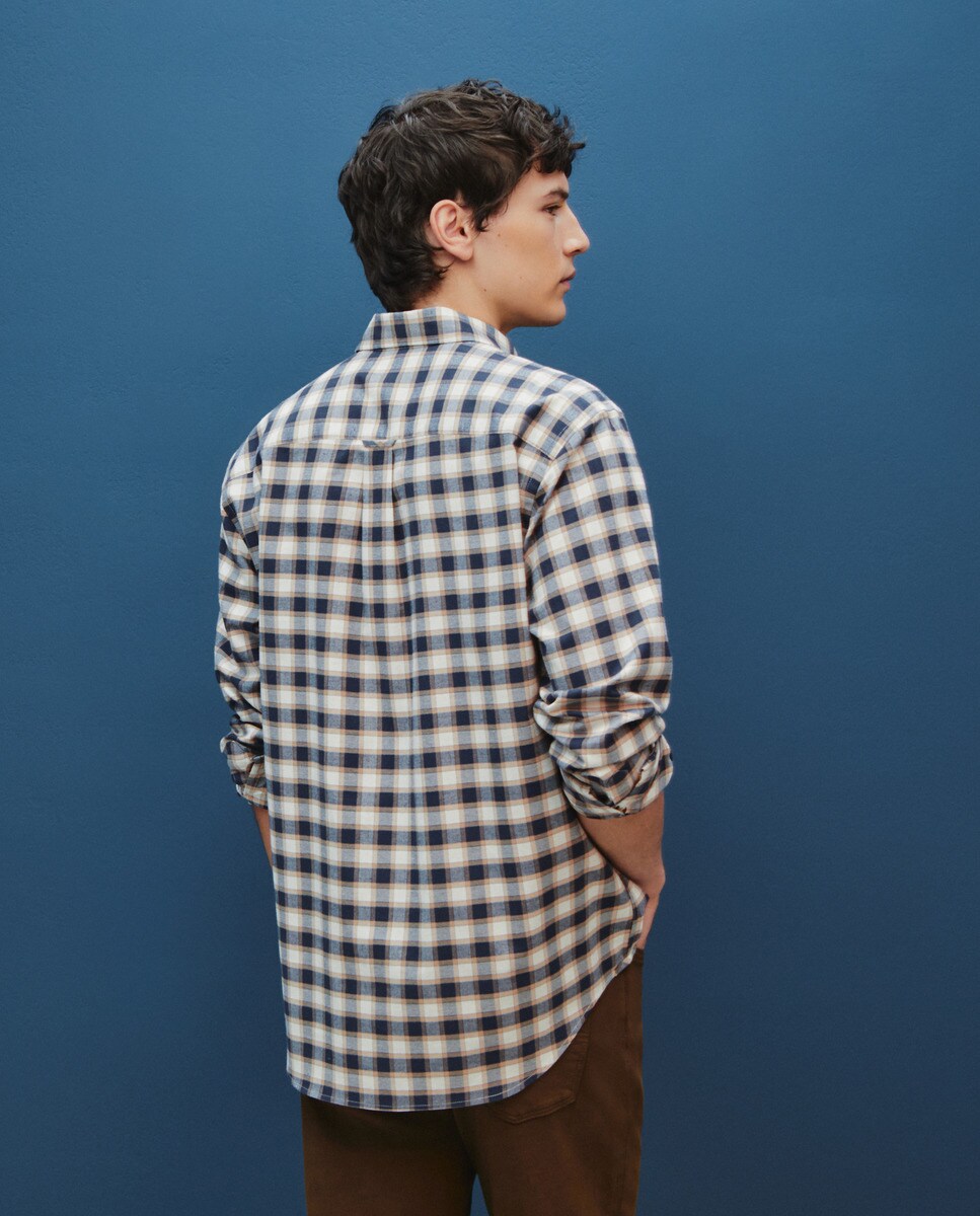 Camisa de Padrão Clássico e em Tecido Cardado Azul-3