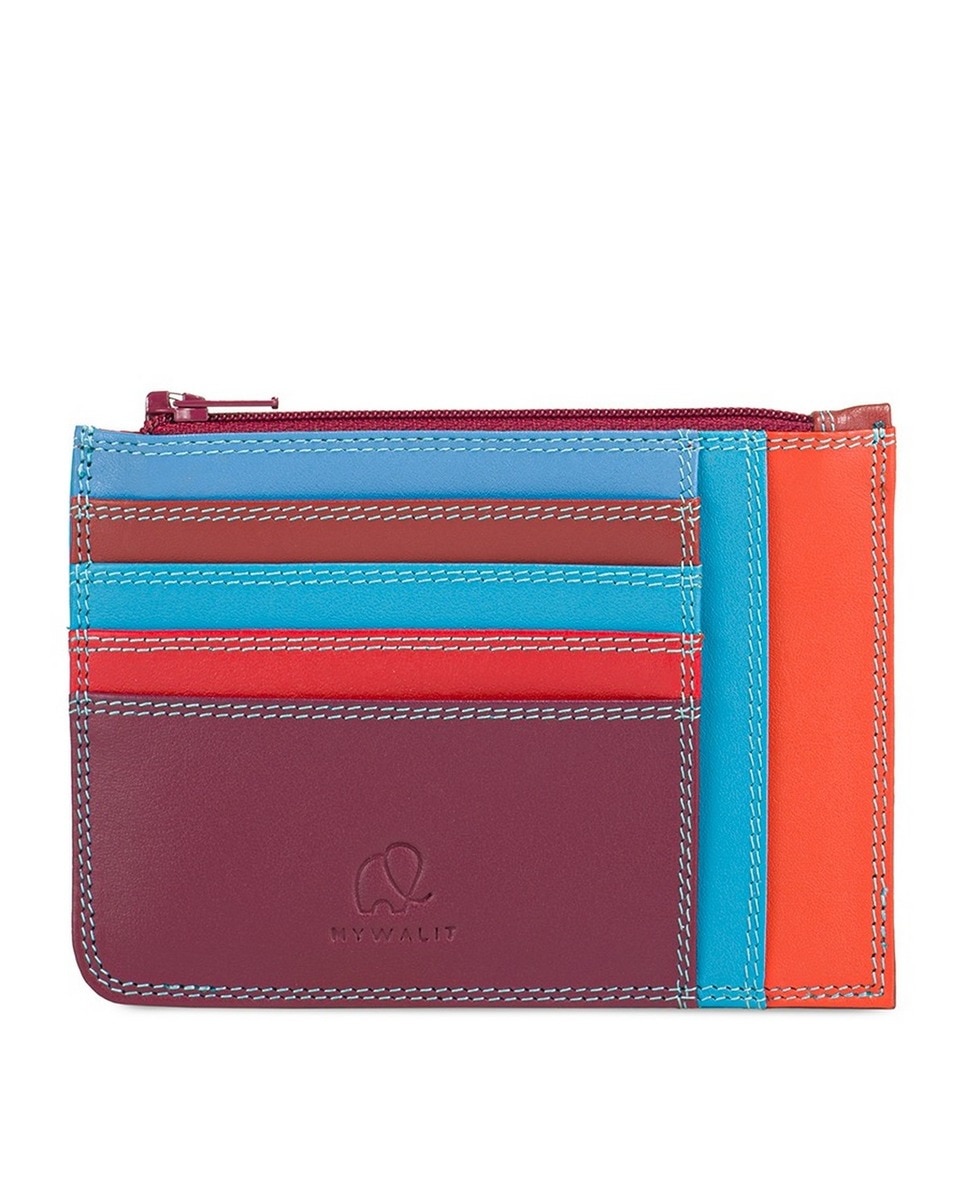 Imagem 0 de Porta-cartões de pele mini com porta-moedas com fecho de correr em tons cinzentos, vermelhos e laranja