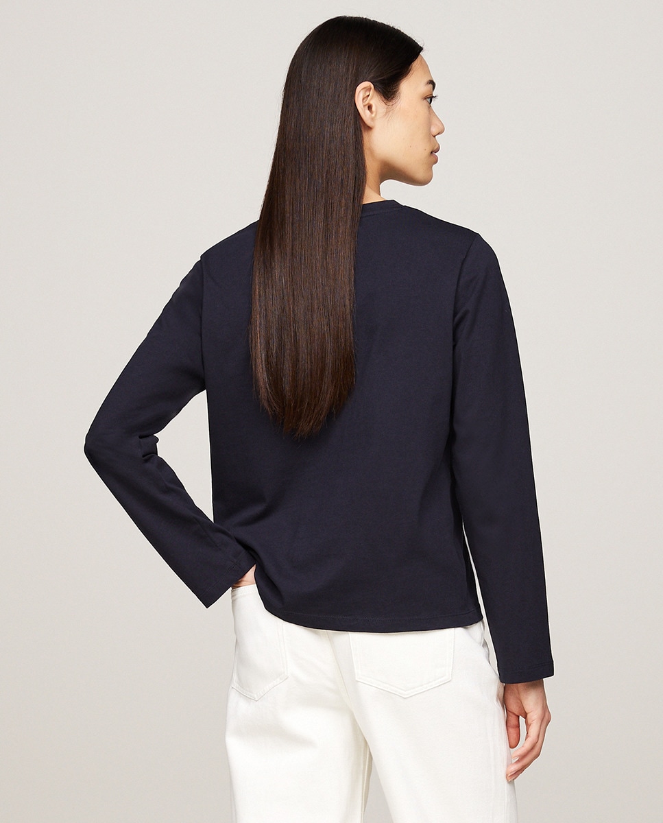 Camisola de mulher com manga comprida e decote redondo Azul-marinho-2