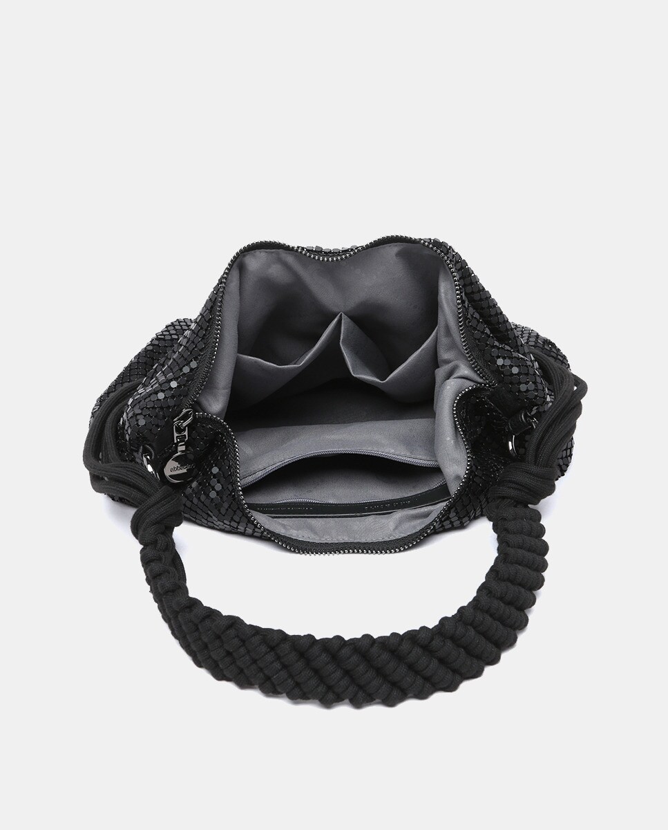 Mala de Ombro com Borlas em Malha Metálica Preto-5