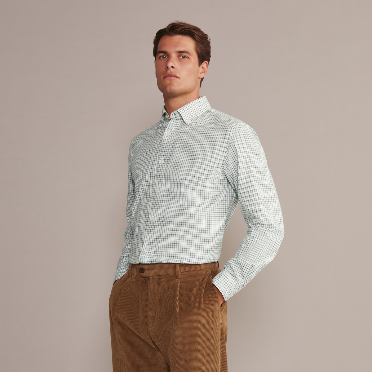 Camisa Button Down de Homem aos Quadrados Azul-claro-2