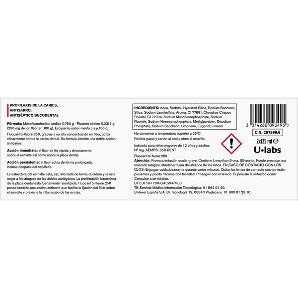 Pack Bi-fluoré Zahnpasta, verhindert Blutungen und Entzündungen des Zahnfleisches 125+125 ml