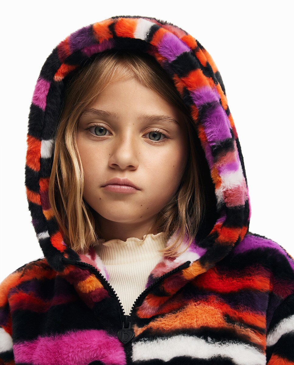 Casaco com Efeito de Pelo e Animal Print Rosa-5