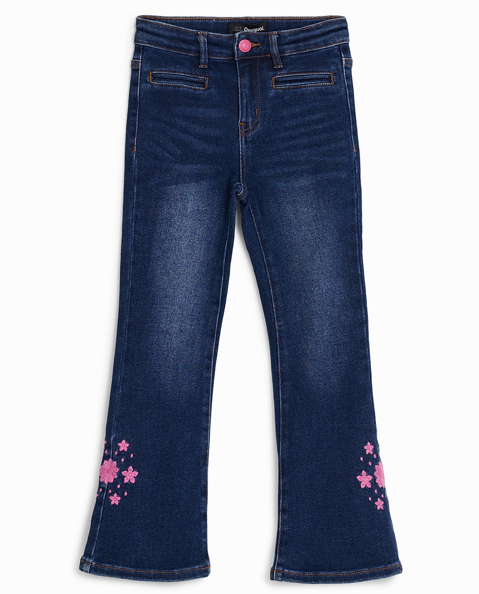 Jeans Flare com Estampado Floral Azul-marinho-3