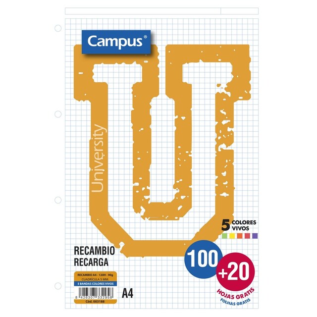 Imagen 0 de Recambio A4 100 + 20 Hojas 90g cuadrícula 5x5 mm Campus bandas colores vivos