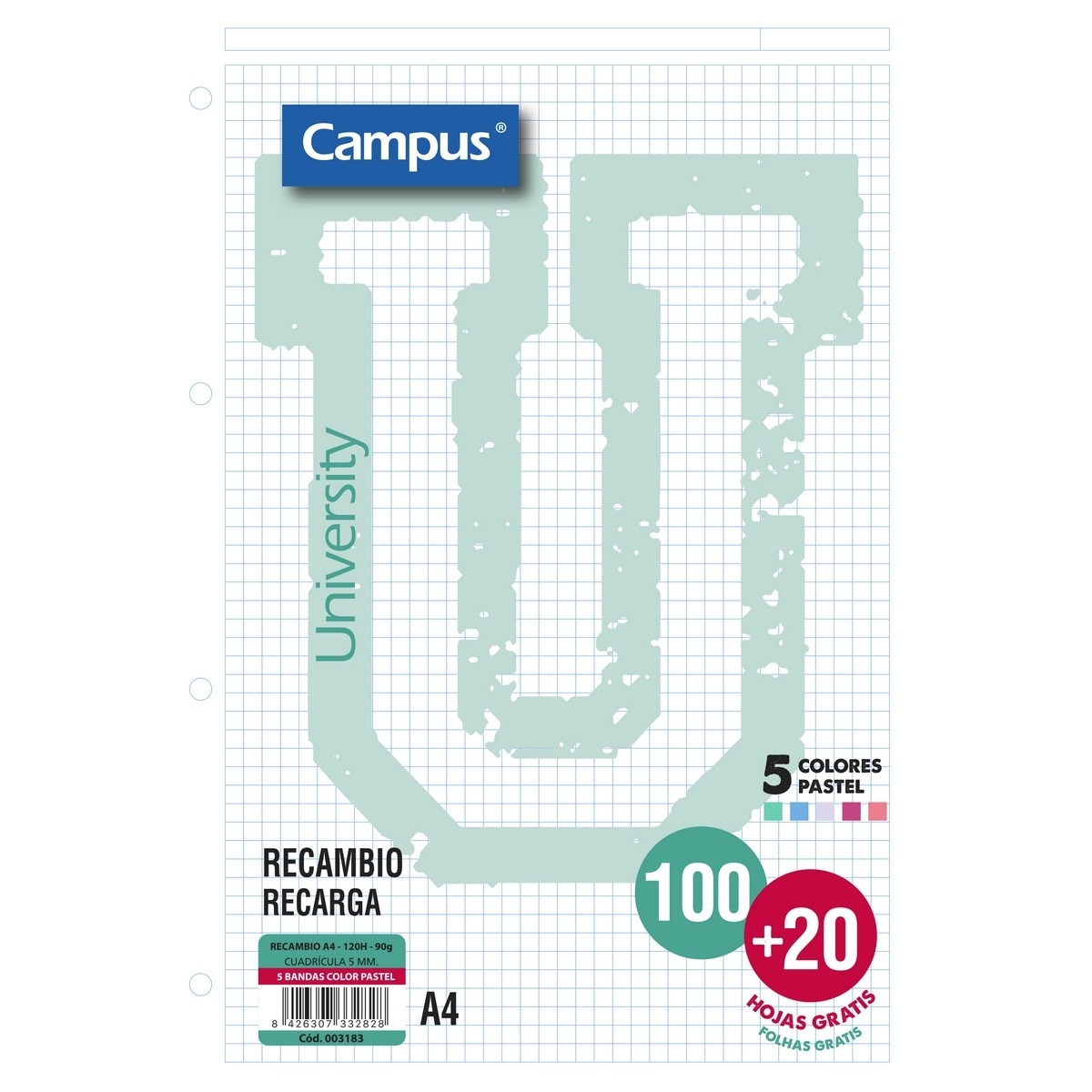 Imagen 0 de Recambio A4 100 + 20 Hojas 90g cuadrícula 5x5 mm Campus bandas colores pastel