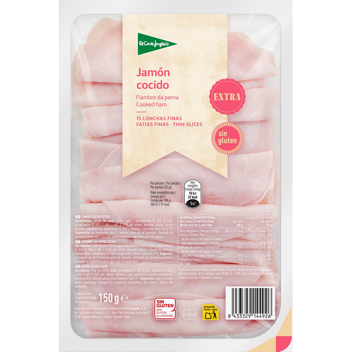 jamón cocido extra en lonchas finas sin gluten sin lactosa envase 150 g