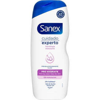 gel de baño Pro Hydrate con prebiótico natural 0% sulfatos botella 600 ml para piel muy seca - Sanex Cuidado Experto