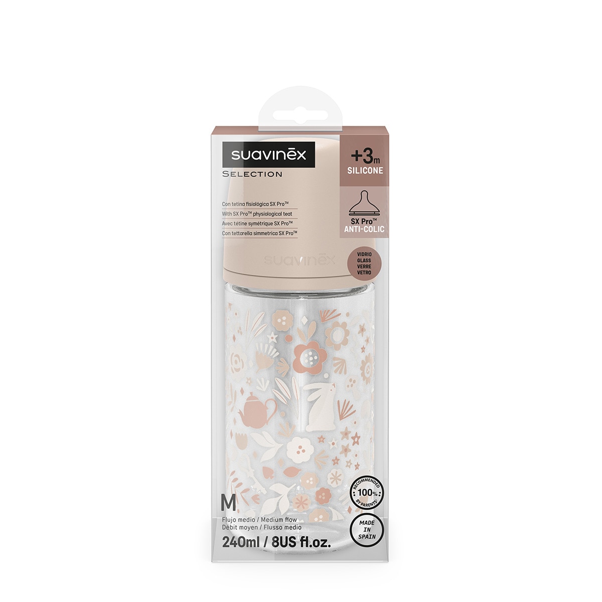 Suavinex Biberón Vidrio Poetry Tetina Fisiológica Sx Pro Silicona Flujo Medio 240ml Marron +3m 3