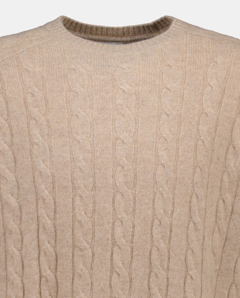 Camisola de Malha do Cabo com Caxemira e Gola Redonda Bege-5