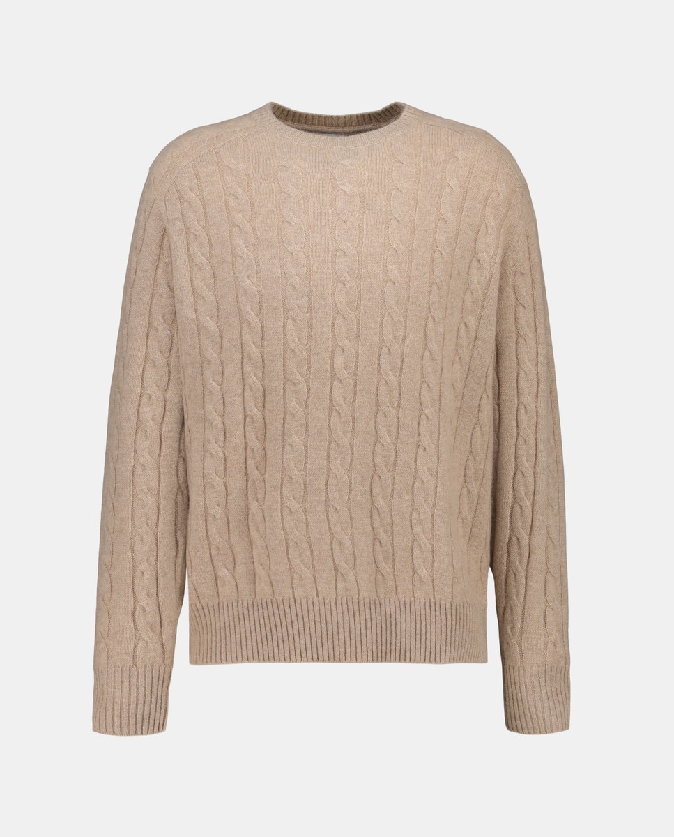 Camisola de Malha do Cabo com Caxemira e Gola Redonda Bege-4