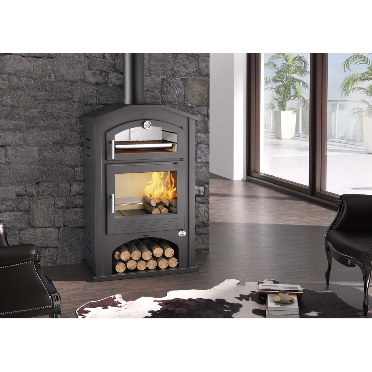 Estufa de Leña Frontal con Horno Envolvente Acero Inoxidable y Leñero M-106 Negro-2