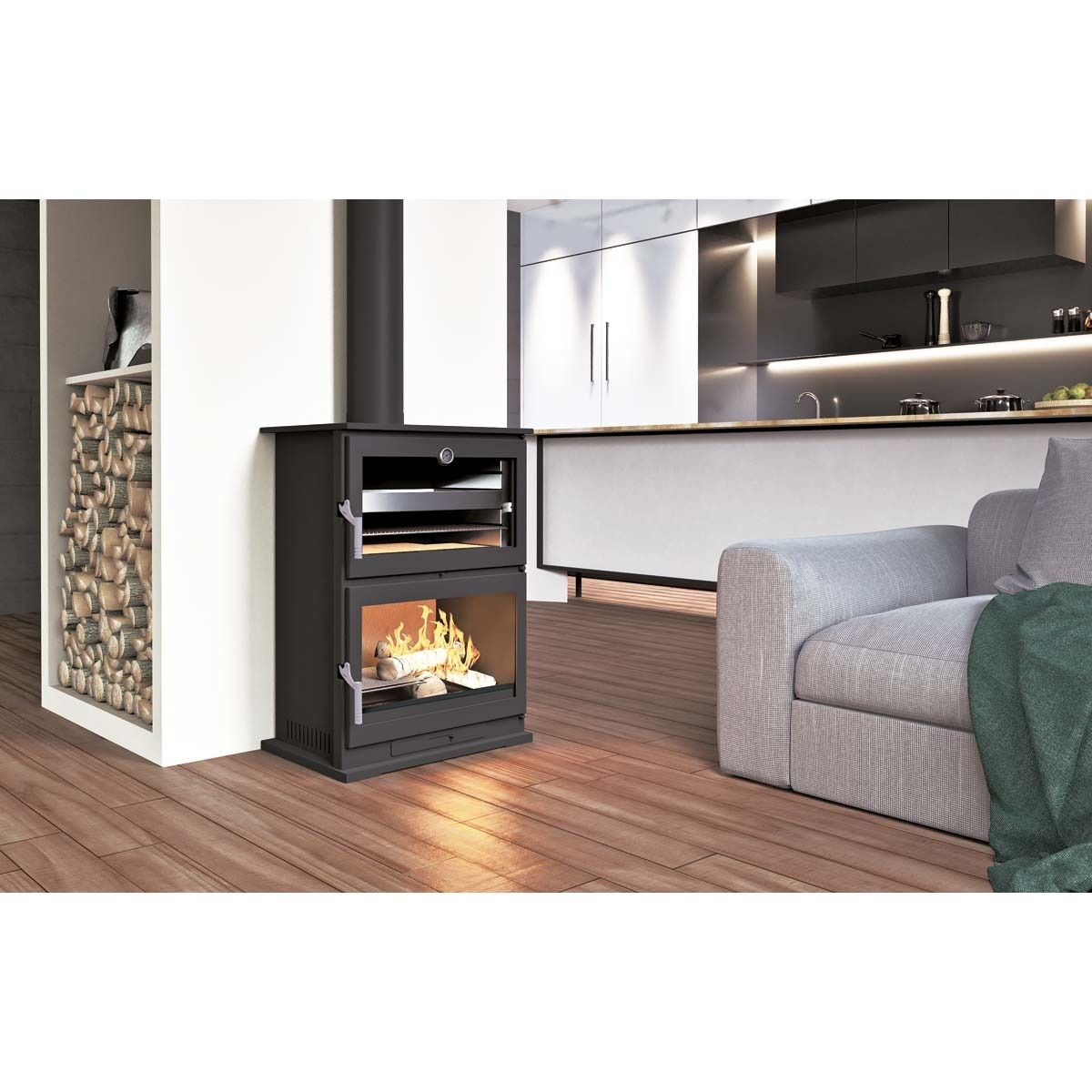 Estufa de Leña Frontal con Horno Acero Inoxidable y Leñero CH-9 Negro-2