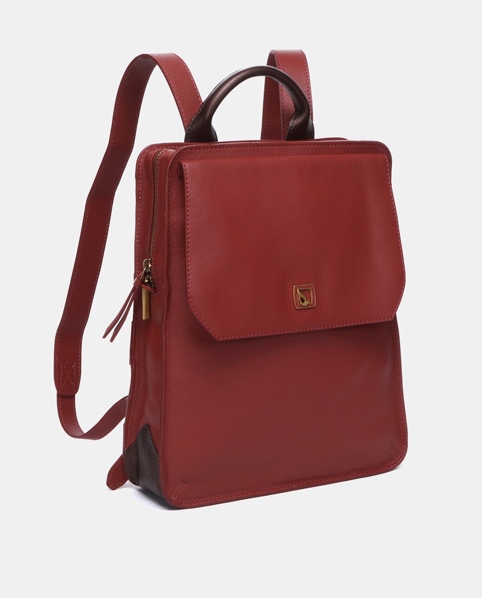 Mochila em Pele com Detalhes Dourados e Fecho de Correr Terracota-2