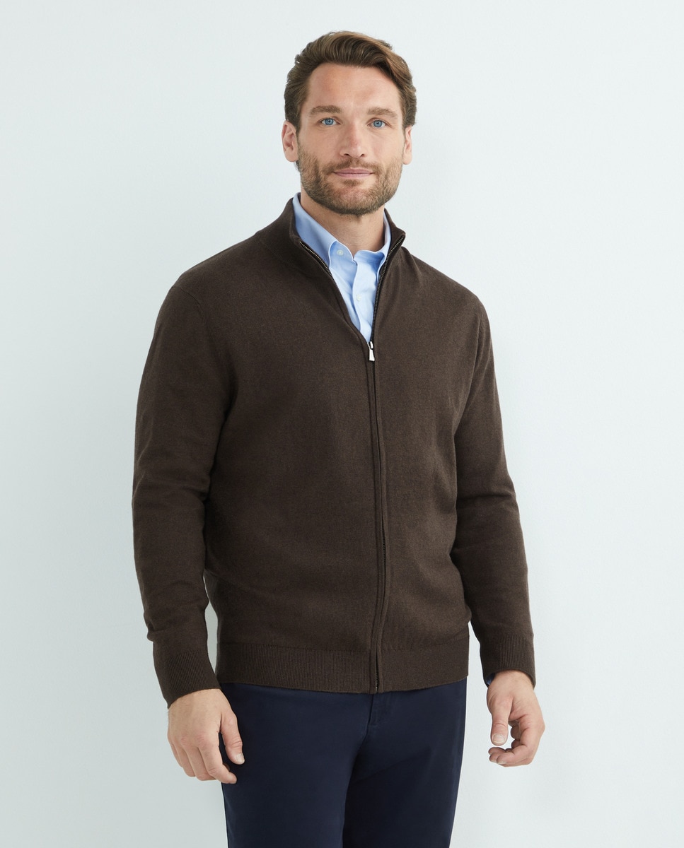 Cardigan de Algodão Tamanhos Grandes com Fecho de Correr Castanho-1