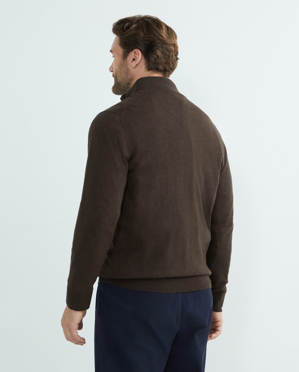Cardigan de Algodão Tamanhos Grandes com Fecho de Correr Castanho-3
