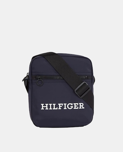 Imagen 0 de Bandolera de poliéster reciclado en azul marino con logotipo Hilfiger frontal