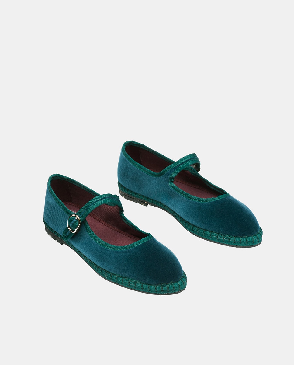 Sapatos de Presilha em Veludo Verde-escuro-3