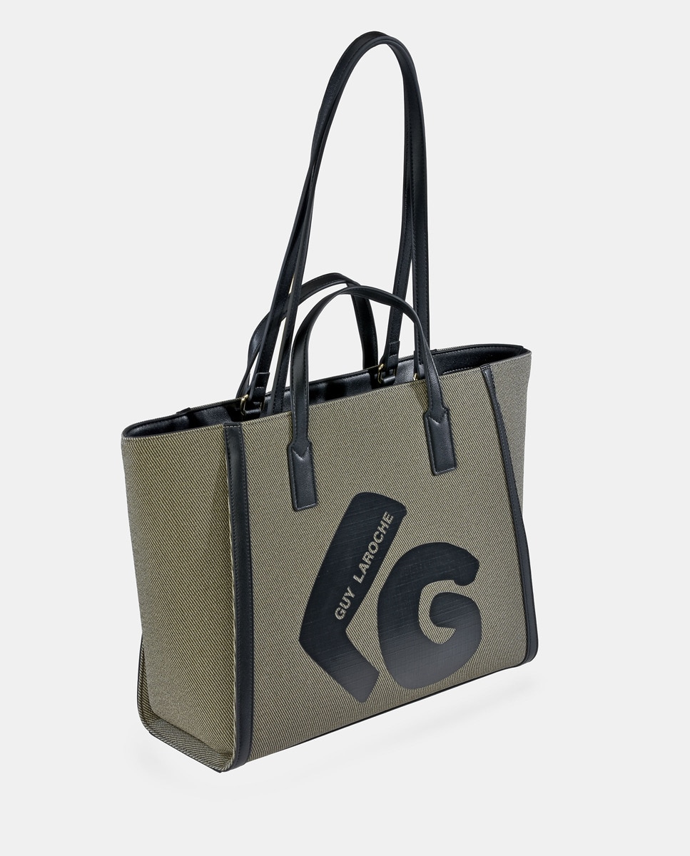 Mala Tipo Tote Grande em Material Sintético com Alça Dupla - Preto/Cinzento Verde-3