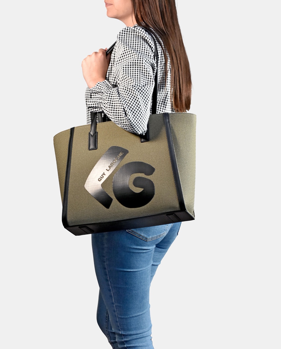 Mala Tipo Tote Grande em Material Sintético com Alça Dupla - Preto/Cinzento Verde-2